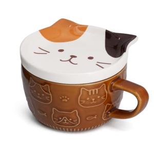 YLOKO Cute Cat Mug with Lid, 10oz Kawaii Ceramic Calico Cat Coffee Tea Cup Animal Novelty Mugs Gifts for Kids Girls Women