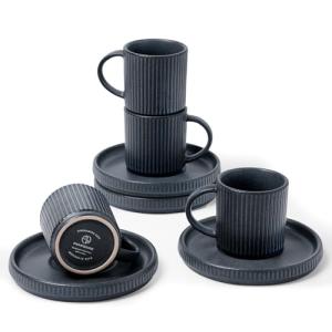 famiware Star Espresso Cups and Saucers Set of 4, [ Mini ] 3 oz Ceramic Small Coffee Mug with Handle, Ribbed Stoneware Demitasse Cup for Tea, Latte - Microwave & Dishwasher Safe - Matte Dark Charcoal