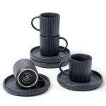 famiware Star Espresso Cups and Saucers Set of 4, [ Mini ] 3 oz Ceramic Small Coffee Mug with Handle, Ribbed Stoneware Demitasse Cup for Tea, Latte - Microwave & Dishwasher Safe - Matte Dark Charcoal