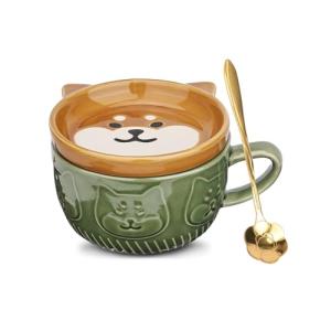 Ceramic Cute Cat Mug With Lid - Funny Novelty Cup for Cat Lovers, Tea and Dessert Set, Gift for Girls, Boys, Women (Green Dog)