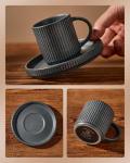 famiware Star Espresso Cups and Saucers Set of 4, [ Mini ] 3 oz Ceramic Small Coffee Mug with Handle, Ribbed Stoneware Demitasse Cup for Tea, Latte - Microwave & Dishwasher Safe - Matte Dark Charcoal
