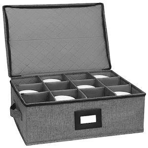 Mug Storage Box with Dividers, China Storage Containers for Tea Cups and Coffee Mugs with Zipper Lid and Rivet Reinforced Handles, Hard Shell and Stackable (Black)