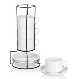 Meichu 8oz Porcelain Stackable Cappuccino Cups with Saucers and Metal Stand Set of 4, Coffee Cups for Espresso, Specialty Coffee Drinks, Latte, Americano and Tea - White