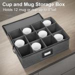 Mug Storage Box with Dividers, China Storage Containers for Tea Cups and Coffee Mugs with Zipper Lid and Rivet Reinforced Handles, Hard Shell and Stackable (Black)