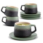 ZENS 8 Ounce Cappuccino Cups Set of 4, Embossed Artistic Mug With Saucers for Latte Art, Ceramic Coffee Cups for Au Lait Cafe or Matcha Tea Cup Gifts, Moss Green & Black
