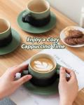 ZENS 8 Ounce Cappuccino Cups Set of 4, Embossed Artistic Mug With Saucers for Latte Art, Ceramic Coffee Cups for Au Lait Cafe or Matcha Tea Cup Gifts, Moss Green & Black