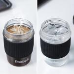 ROZBAH 12oz Glass Coffee Cup - Reusable Travel Mug with Lid for Tea/Coffee, BPA-Free, Microwave Safe, Anti-Slip Silicone Sleeve, Dishwasher Safe