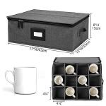 Mug Storage Box with Dividers, China Storage Containers for Tea Cups and Coffee Mugs with Zipper Lid and Rivet Reinforced Handles, Hard Shell and Stackable (Black)