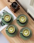 ZENS 8 Ounce Cappuccino Cups Set of 4, Embossed Artistic Mug With Saucers for Latte Art, Ceramic Coffee Cups for Au Lait Cafe or Matcha Tea Cup Gifts, Moss Green & Black