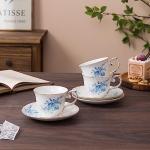 Agyiuns tea cups and saucers ceramic coffee mug 6oz for Coffee, Latte, Cafe Mocha and Tea-Set of 4,Blue