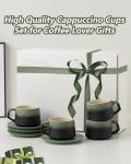 ZENS 8 Ounce Cappuccino Cups Set of 4, Embossed Artistic Mug With Saucers for Latte Art, Ceramic Coffee Cups for Au Lait Cafe or Matcha Tea Cup Gifts, Moss Green & Black