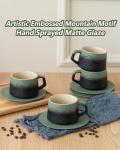 ZENS 8 Ounce Cappuccino Cups Set of 4, Embossed Artistic Mug With Saucers for Latte Art, Ceramic Coffee Cups for Au Lait Cafe or Matcha Tea Cup Gifts, Moss Green & Black