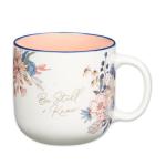 Christian Art Gifts Large Inspirational Ceramic Coffee & Tea Mug for Women: Be Still & Know Encouraging Bible Verse Psalm, Cute Novelty Non-toxic Sturdy Beverage Cup, White/Pink/Blue Floral, 14 oz.