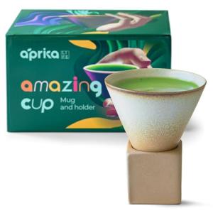 aprikalife Japanese Pottery Coffee Mug with Base 200ml - Ceramic Handmade Triangle Cone Funnel Shaped Retro Tea Cup - Dishwasher & Microwave Safe Coffee Cup for Tea, Cocoa, Espresso & Latte