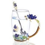 Vinciph Novelty Butterfly Flower Enamel Glass Tea Cup with Spoon Set & Gifts Box for Birthday/Father's Day Mothers Day/Valentines Day/Wedding/Christmas Day Gift (12 oz)