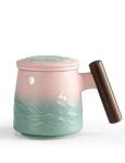 TANG PIN Moon Deer Ceramic Tea Mug with Infuser and Lid Coffee Mug with Strainer and Wooden Handle 14.5 OZ (Pink&Green)