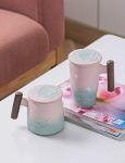 TANG PIN Moon Deer Ceramic Tea Mug with Infuser and Lid Coffee Mug with Strainer and Wooden Handle 14.5 OZ (Pink&Green)