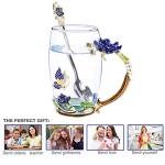 Vinciph Novelty Butterfly Flower Enamel Glass Tea Cup with Spoon Set & Gifts Box for Birthday/Father's Day Mothers Day/Valentines Day/Wedding/Christmas Day Gift (12 oz)