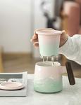 TANG PIN Moon Deer Ceramic Tea Mug with Infuser and Lid Coffee Mug with Strainer and Wooden Handle 14.5 OZ (Pink&Green)