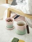 TANG PIN Moon Deer Ceramic Tea Mug with Infuser and Lid Coffee Mug with Strainer and Wooden Handle 14.5 OZ (Pink&Green)