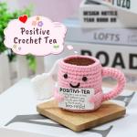 Mini Positive Crochet Tea Cup Birthday Gifts for Women Friend Sister, Bosses Day Christmas White Elephant Gifts for Teen, Emotional Cheer Up Support Gifts for Coworker Handmade Cute Stocking Stuffers