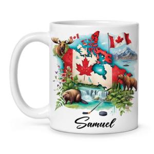 Unique Canadian Nature Inspired Coffee Mug, Custom Name White Mug 11oz 15oz, Personalized Cute Wildlife Ceramic Coffee Cup, Custom Canada Themed Souvenir Cup, Gifts for Travelers