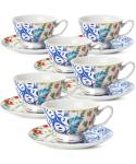 BTaT- Vintage Tea Cups and Saucers Set of 6 (8 oz), Porcelain Tea Cup Sets, Indigo Bloom Floral Design, Dishwasher Safe