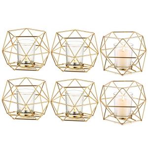 Hewory Geometric Tealight Candle Holders Gold, Modern Metal Geo Wedding Centerpieces for Table, Votive Candle Stand Accent for Tea Light for Home Shelf Mantel Christmas Birthday Party Decor, 6pcs