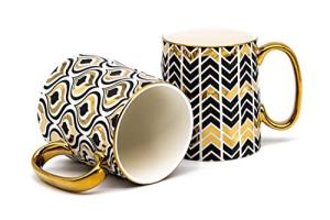 KooK Gold Coffee Mugs, Coffee Mug Set, Tea Cups with Handles, Porcelain, Geometric Design, 14.8 oz, Black and Gold, Set of 2