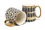 KooK Gold Coffee Mugs, Coffee Mug Set, Tea Cups with Handles, Porcelain, Geometric Design, 14.8 oz, Black and Gold, Set of 2