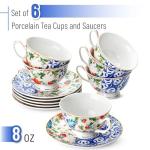 BTaT- Vintage Tea Cups and Saucers Set of 6 (8 oz), Porcelain Tea Cup Sets, Indigo Bloom Floral Design, Dishwasher Safe