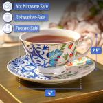 BTaT- Vintage Tea Cups and Saucers Set of 6 (8 oz), Porcelain Tea Cup Sets, Indigo Bloom Floral Design, Dishwasher Safe