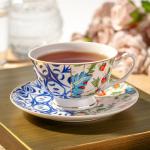 BTaT- Vintage Tea Cups and Saucers Set of 6 (8 oz), Porcelain Tea Cup Sets, Indigo Bloom Floral Design, Dishwasher Safe