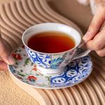 BTaT- Vintage Tea Cups and Saucers Set of 6 (8 oz), Porcelain Tea Cup Sets, Indigo Bloom Floral Design, Dishwasher Safe