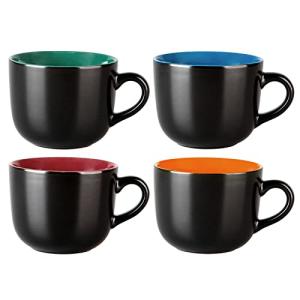 GBhome Jumbo Soup Mugs with Handles, 24 Oz Large Coffee Mugs Set of 4, Ceramic Soup bowls for Soup Cereal Snacks Salad Noodles Cups, Microwave safe - Matte Black, Colorful Inside