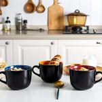 GBhome Jumbo Soup Mugs with Handles, 24 Oz Large Coffee Mugs Set of 4, Ceramic Soup bowls for Soup Cereal Snacks Salad Noodles Cups, Microwave safe - Matte Black, Colorful Inside