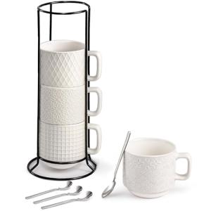 SPIPER Stackable Coffee Mug Set of 4 with Stand, 10oz Ceramic Cups with Spoons – Ribbed Porcelain Mugs for Tea, Latte, Cappuccino – Microwave & Dishwasher Safe – Gift for Home & Office Use (White)