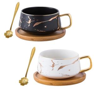 Jusalpha 2 Pack Golden Hand Print Black and White Teacup Coffee Cup with Bamboo Saucer and Spoon Set FDTCS19 (2, Black/White)