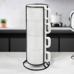 SPIPER Stackable Coffee Mug Set of 4 with Stand, 10oz Ceramic Cups with Spoons – Ribbed Porcelain Mugs for Tea, Latte, Cappuccino – Microwave & Dishwasher Safe – Gift for Home & Office Use (White)