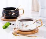 Jusalpha 2 Pack Golden Hand Print Black and White Teacup Coffee Cup with Bamboo Saucer and Spoon Set FDTCS19 (2, Black/White)