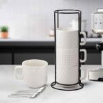 SPIPER Stackable Coffee Mug Set of 4 with Stand, 10oz Ceramic Cups with Spoons – Ribbed Porcelain Mugs for Tea, Latte, Cappuccino – Microwave & Dishwasher Safe – Gift for Home & Office Use (White)