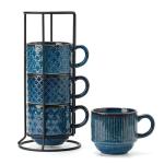 JH JIEMEI HOME Large Ceramic Coffee Mug Set of 4 with Stand, 15 Oz Stackable Different Embossment Ribbed Latte Cup Set for Cappuccino, Tea, Hot Cocoa, Drinks - Dishwasher & Microwave Safe, Blue