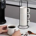 SPIPER Stackable Coffee Mug Set of 4 with Stand, 10oz Ceramic Cups with Spoons – Ribbed Porcelain Mugs for Tea, Latte, Cappuccino – Microwave & Dishwasher Safe – Gift for Home & Office Use (White)