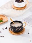 Jusalpha 2 Pack Golden Hand Print Black and White Teacup Coffee Cup with Bamboo Saucer and Spoon Set FDTCS19 (2, Black/White)