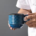 JH JIEMEI HOME Large Ceramic Coffee Mug Set of 4 with Stand, 15 Oz Stackable Different Embossment Ribbed Latte Cup Set for Cappuccino, Tea, Hot Cocoa, Drinks - Dishwasher & Microwave Safe, Blue