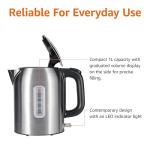 Amazon Basics 1.1Qt (1L) Electric Kettle, Tea Kettle & Water Boiler, with Auto Shut-Off, Boil Dry Protection, High-Safety Strix Thermostat, BPA-Free, 1500W, Stainless Steel, New Model, Black & Silver