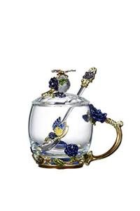 Guon-Wuvl Flower Teacup Transparent Glass Teacup, (With Spoon + Lid), Fancy Tea Cups, Flower Tea Cup,Tea Cup Gift, Gifts for Women,Mother's Day Present，Gift Box. (Rose Blue Short Cup)