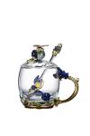 Guon-Wuvl Flower Teacup Transparent Glass Teacup, (With Spoon + Lid), Fancy Tea Cups, Flower Tea Cup,Tea Cup Gift, Gifts for Women,Mother's Day Present，Gift Box. (Rose Blue Short Cup)