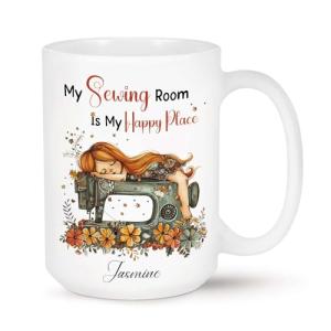 Customized Beautiful Sewing Machine Tea Cups, Floral Sewing Machine Coffee Mugs, Sewing Lovers Tea Cups Gift For Girl Women, Personalized Name Sewing White Ceramic Mugs