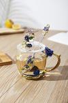 Guon-Wuvl Flower Teacup Transparent Glass Teacup, (With Spoon + Lid), Fancy Tea Cups, Flower Tea Cup,Tea Cup Gift, Gifts for Women,Mother's Day Present，Gift Box. (Rose Blue Short Cup)